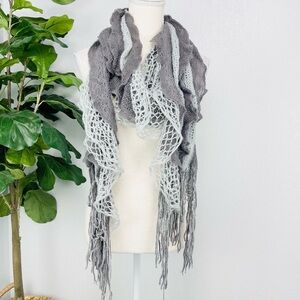 Grey Knit Ruffle Fringe Soft Acrylic Scarf